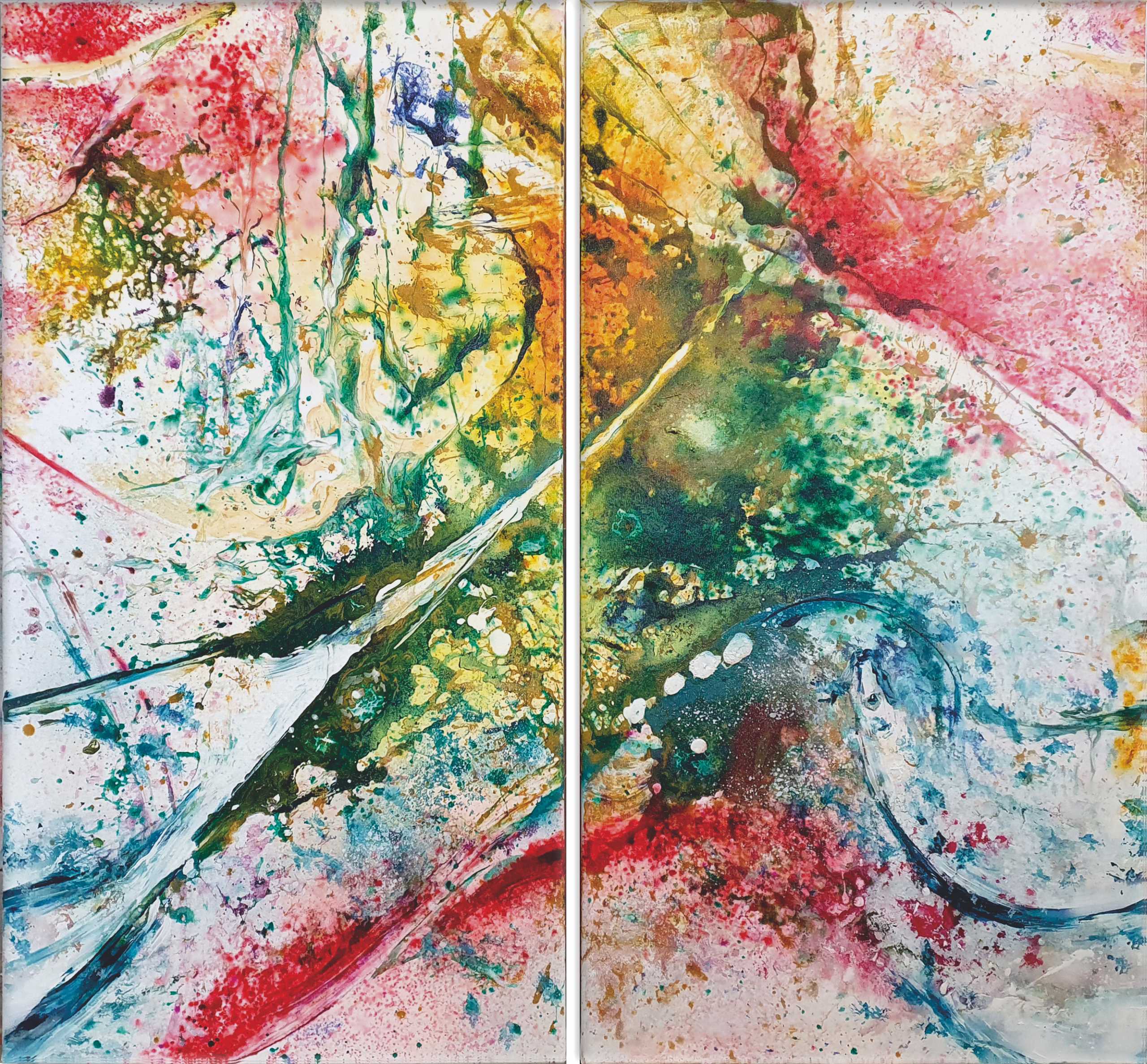 Zweiteiliges, großformatiges Kunstwerk. Sehr dynamisch, actionpainting. Florale abstrakte Darstellung in Grün, Gelb, Rot und Türkis.
