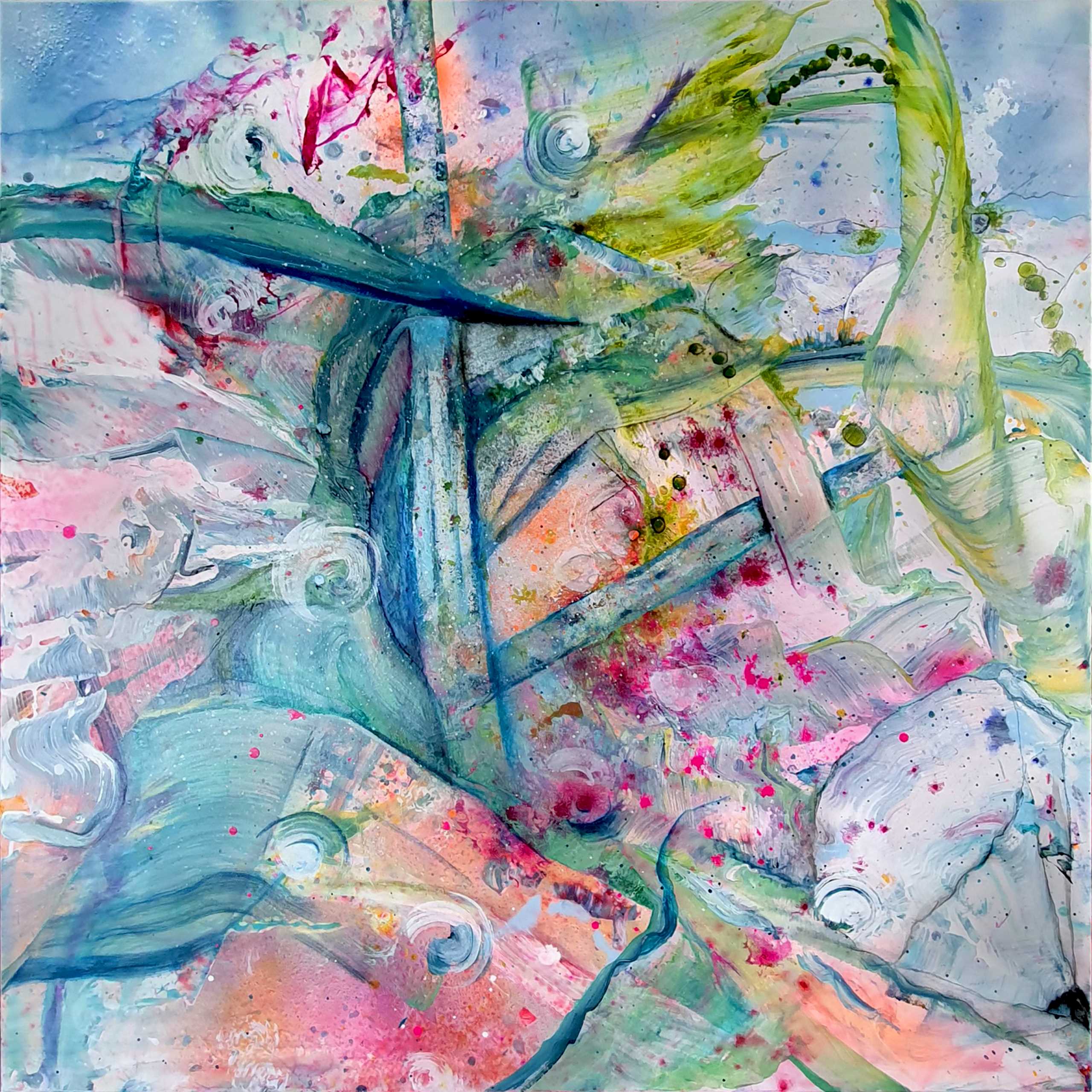 Das Bild zeigt Gräser, Blätter und Blüten in abstrahierter Form. Die Farben Türkis, Grün und Magenta dominieren das Kunstwerk