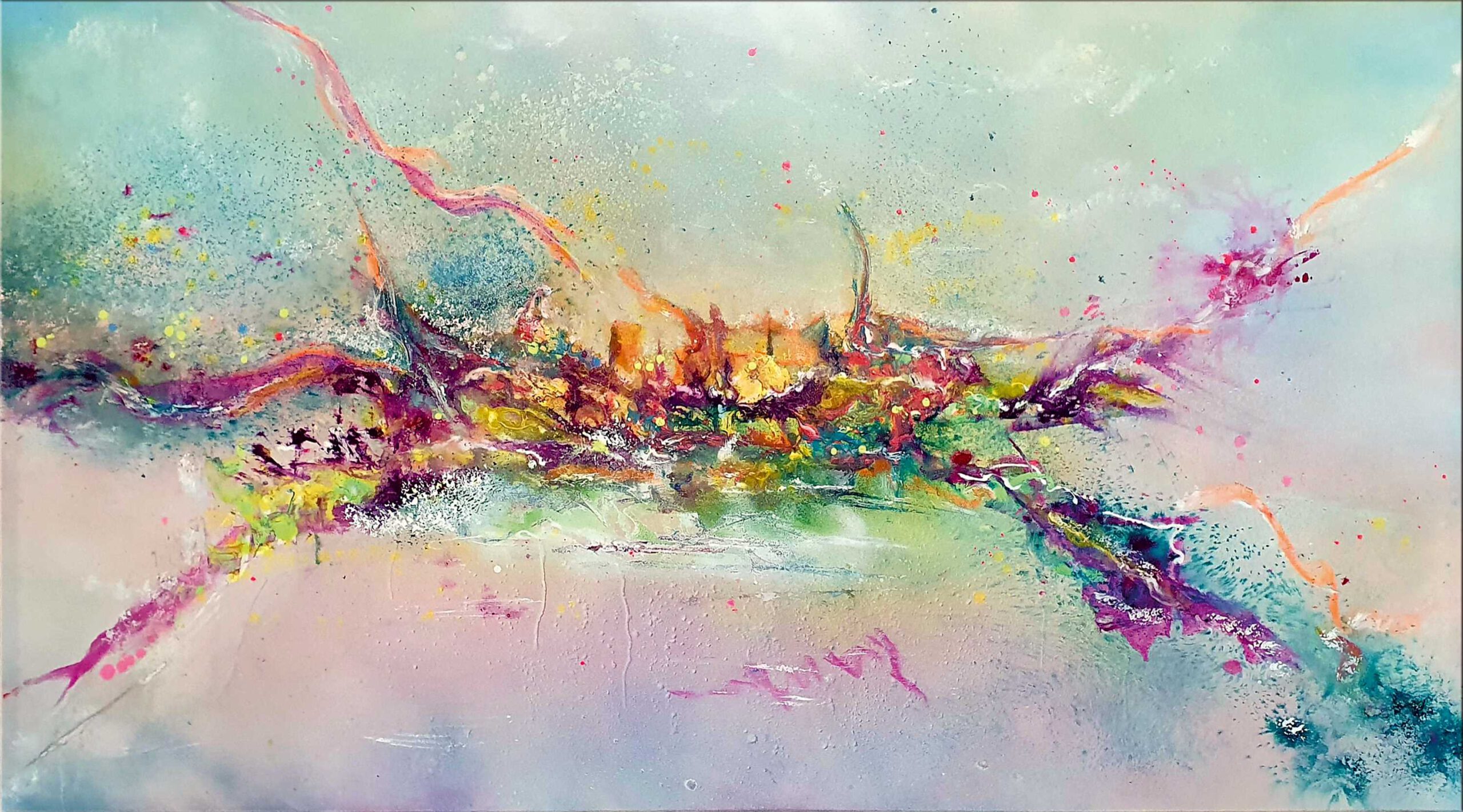Abstaktes Gemälde im Querformat. Landschaft in kräftigen Farben im Vordergrund. Hintergrund in hellen Türkistönen.